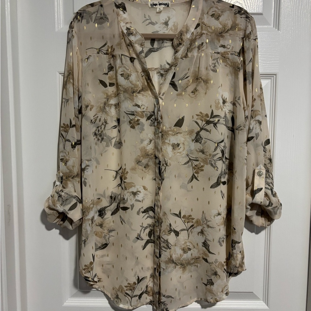 Champagne Floral Satin Blouse with Gold Accents